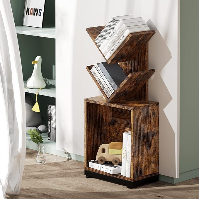 ruboka 2-Shelf Tree Bookshelf with Storage, 26.5-Inch Retro Floor Standing Bookcase Display for CDs/Magazine/Books, Small Bookshelf for Bedroom, Living Room, Office, Brown Storage Shelves - LeafyLoom