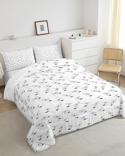 Feelyou Airplane Bedding Set King Size Flight Comforter Set for Kids Boys Girls Decor Vintage Aircraft Comforter Helicopter Flying Plane Blue and White Duvet Set Bedroom Quilt Set - LeafyLoom