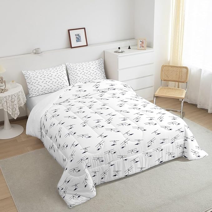 Feelyou Airplane Bedding Set King Size Flight Comforter Set for Kids Boys Girls Decor Vintage Aircraft Comforter Helicopter Flying Plane Blue and White Duvet Set Bedroom Quilt Set - LeafyLoom