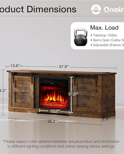oneinmil Fireplace TV Stand with 18” Electric Fireplace, 58” TV Console Stand for TVs Up to 65", LED Light Entertainment Center, Fireplace for The Living Room TV Stand, Brown - LeafyLoom
