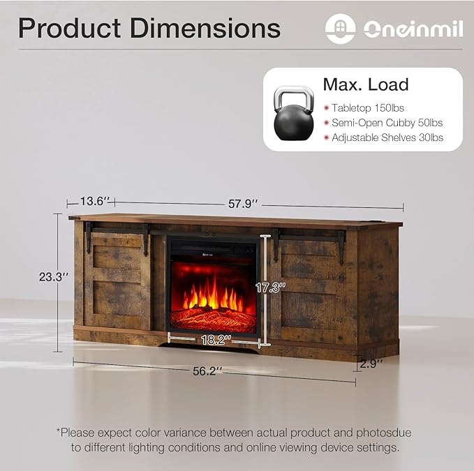 oneinmil Fireplace TV Stand with 18” Electric Fireplace, 58” TV Console Stand for TVs Up to 65", LED Light Entertainment Center, Fireplace for The Living Room TV Stand, Brown - LeafyLoom