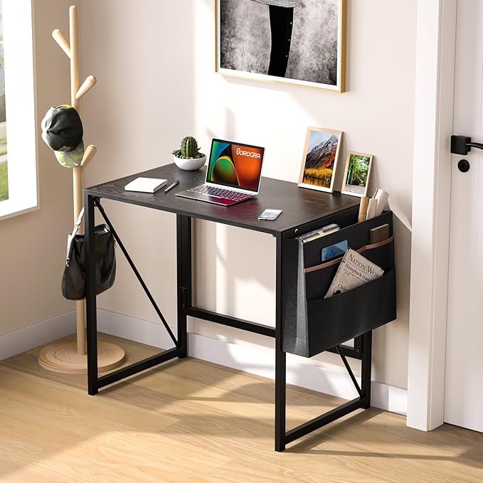 Folding Desk, 31.5 Inch Foldable Desk for Small Space, Easy Assembly Computer Desk Space Saving Home Office Writing Table, Black (Can't Be Folded Flatly) - LeafyLoom