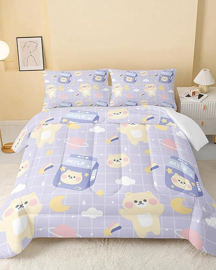 Kawaii Bear Comforter Queen Size,Cartoon Bear Comforter Set for Kids Teens Girls,3Pcs Bedding Set Printed Comforter with 2 Pillowcases,Down Alternative,Soft and Lightweight(Purple，Queen Size) - LeafyLoom