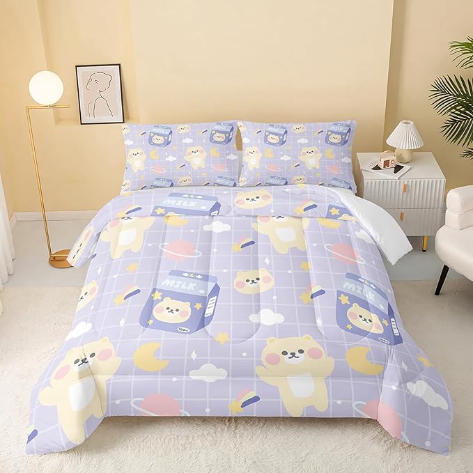Kawaii Bear Comforter Queen Size,Cartoon Bear Comforter Set for Kids Teens Girls,3Pcs Bedding Set Printed Comforter with 2 Pillowcases,Down Alternative,Soft and Lightweight(Purple，Queen Size) - LeafyLoom