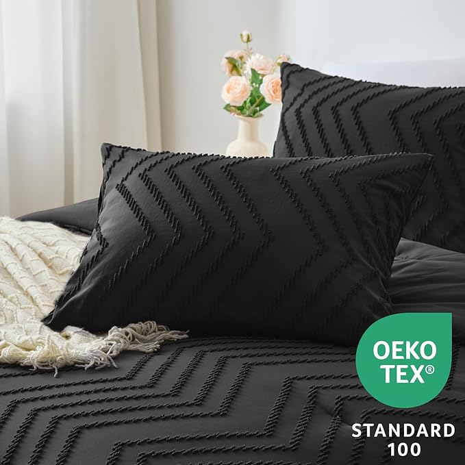 CozyLux Full Size Comforter Set Black - 3 Pieces Black Boho Tufted Shabby Chic Bedding Comforter Set for All Seasons, Chevron Bedding Sets with Comforter & 2 Pillow Shams - LeafyLoom