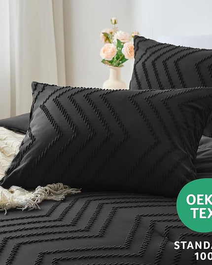 CozyLux Queen Comforter Set Black - 3 Pieces Black Boho Tufted Shabby Chic Bedding Comforter Set for All Seasons, Chevron Bedding Sets with Comforter & 2 Pillow Shams - LeafyLoom