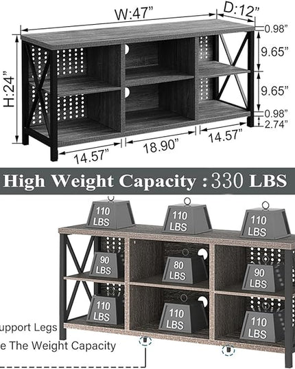 LVB Rustic TV Stand for 55 Inch TV, Industrial Home Entertainment Center with Cabinet Storage Shelf, Modern Wood and Metal Television Media Console Table for Bedroom Living Room, Light Gray Oak, 47 In - LeafyLoom