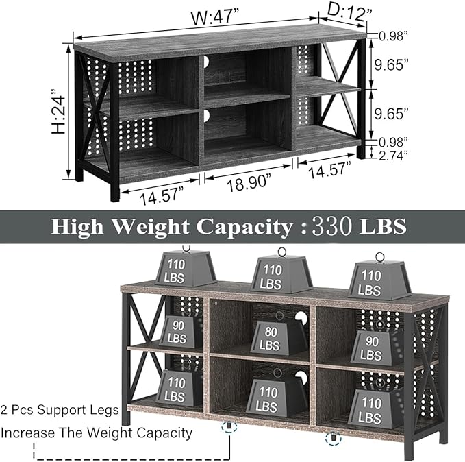 LVB Rustic TV Stand for 55 Inch TV, Industrial Home Entertainment Center with Cabinet Storage Shelf, Modern Wood and Metal Television Media Console Table for Bedroom Living Room, Light Gray Oak, 47 In - LeafyLoom