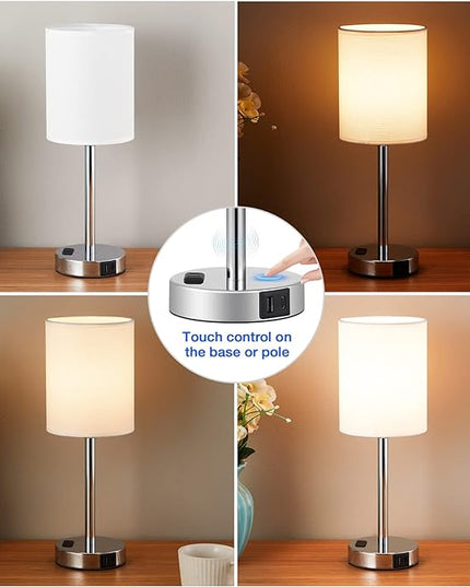 Touch Lamps for Bedrooms Set of 2 White - 3 Way Dimmable Bedside Lamp with USB C and A Ports and Outlets, Modern Nightstand Lamp with Linen Shade and Silver Base, Small Table Lamps for Kids Nursery - LeafyLoom