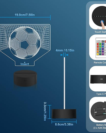 Attivolife 3D Illusion Soccer Night Light, Hologram Lamp with 16 Colors Changing & Remote Control & Dimmable, Cool Sports Theme Room Decor Birthday Christmas Gifts for Sport Lover Kid Teen Boy Men - LeafyLoom