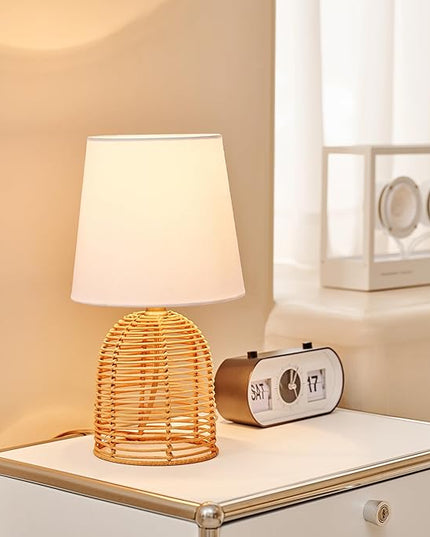 Globe Electric 61000047 14" Table Lamp, Rattan Base, White Linen Shade, On/Off Rotary Switch on Socket, Table Lamp for Living Room, Home Décor, Lamps for Bedroom, Home Improvements, Room Décor - LeafyLoom