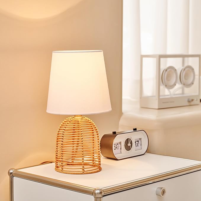 Globe Electric 61000047 14" Table Lamp, Rattan Base, White Linen Shade, On/Off Rotary Switch on Socket, Table Lamp for Living Room, Home Décor, Lamps for Bedroom, Home Improvements, Room Décor - LeafyLoom