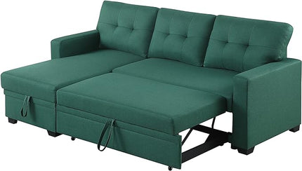82 Inch Convertible L Shaped Sleeper Sectional Sofa Linen with Storage Chaise, Pull Out Bed,Reversible Corner Couch Design, 82inch, Green - LeafyLoom