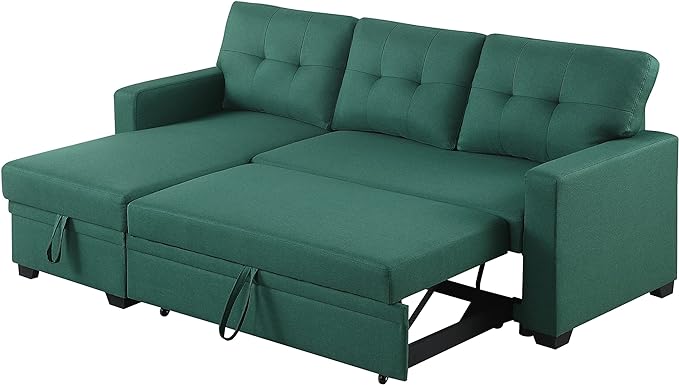 82 Inch Convertible L Shaped Sleeper Sectional Sofa Linen with Storage Chaise, Pull Out Bed,Reversible Corner Couch Design, 82inch, Green - LeafyLoom