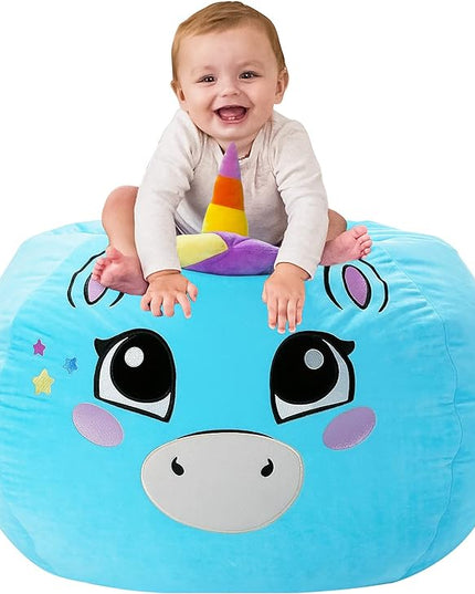 Aubliss Stuffed Animal Storage, Velvet Bean Bag Chairs Cover, Large 32" Ultra Soft Kids Toy Storage Organizer for Blankets Towels Clothes, Blue Big Eyes - LeafyLoom