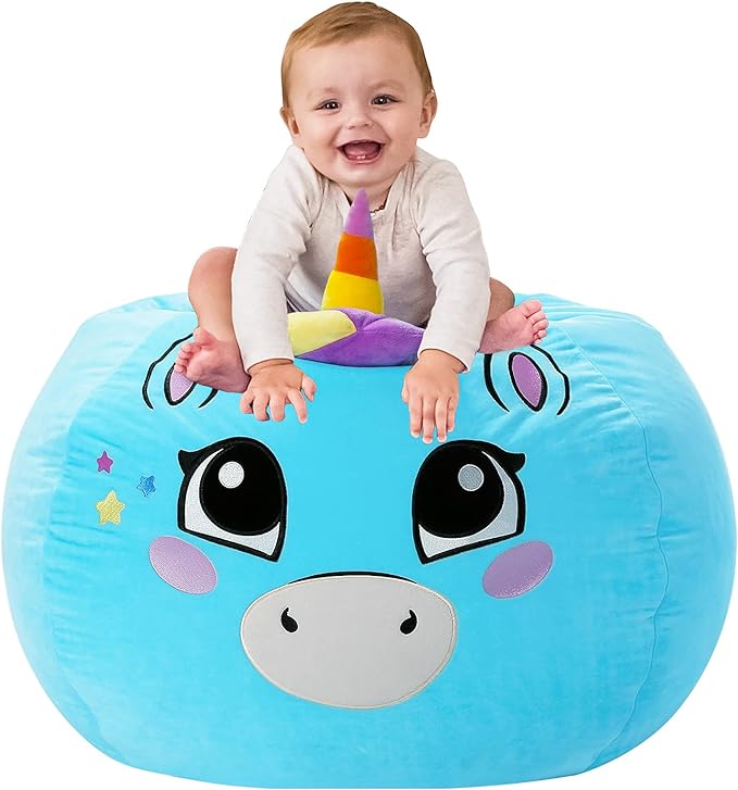 Aubliss Unicorn Stuffed Animal Storage, Velvet Bean Bag Chairs Cover, X-Large 38" Ultra Soft Kids Toy Storage Organizer for Blankets Towels Clothes Home Supplies, Blue Big Eyes - LeafyLoom