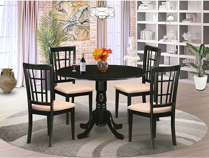 East West Furniture DLNI5-BLK-C 5 Piece Modern Set Includes a Round Wooden Table with Dropleaf and 4 Linen Fabric Kitchen Dining Chairs, 42x42 Inch - LeafyLoom