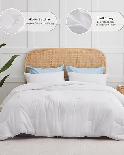 CozyLux White Comforter Set Full Size, 3 Pieces Solid Breathable Quilted Boho Style Bedding Sets, Luxury Fluffy Soft Microfiber Comforter for All Season(1 Comforter & 2 Pillowcases) - LeafyLoom