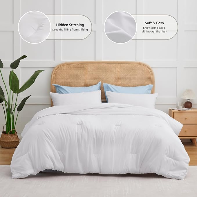 CozyLux White Comforter Set Full Size, 3 Pieces Solid Breathable Quilted Boho Style Bedding Sets, Luxury Fluffy Soft Microfiber Comforter for All Season(1 Comforter & 2 Pillowcases) - LeafyLoom
