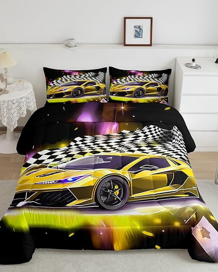 Yellow Sports Car Comforter Sets Full Size, Boys Race Car Bedding for Teens Girls Adult Extreme Speed Race Car Duvet Sets Black and White Grids Print Car Theme Bedroom Decor Quilts - LeafyLoom
