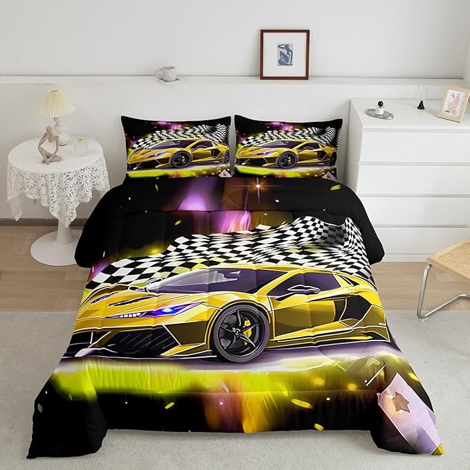 Yellow Sports Car Comforter Sets Full Size, Boys Race Car Bedding for Teens Girls Adult Extreme Speed Race Car Duvet Sets Black and White Grids Print Car Theme Bedroom Decor Quilts - LeafyLoom