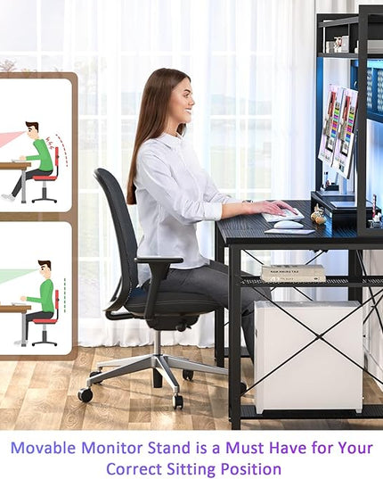 armocity 2024 Upgrade Gaming Desk with Hutch, 55.2'' Magic Computer Desk with LED Lights and Outlets, Reversible Workstation Desk with Pegboard and Monitor Stand, Gamer Desk PC Table, Black - LeafyLoom