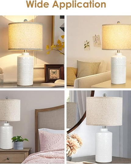 White Ceramic Table Lamp with Beige Shade: 3-Way Dimmable Night Stand Light Lamp 24.5" Modern Table Lamps for Living Room Bedroom End Table Office Entryway Lamps (Bulb Included - LeafyLoom