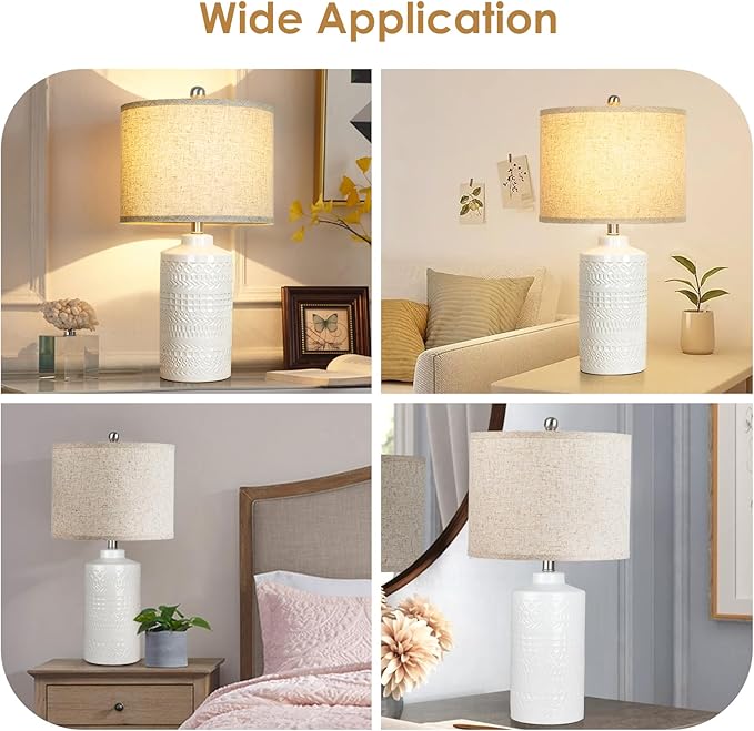White Ceramic Table Lamp with Beige Shade: 3-Way Dimmable Night Stand Light Lamp 24.5" Modern Table Lamps for Living Room Bedroom End Table Office Entryway Lamps (Bulb Included - LeafyLoom