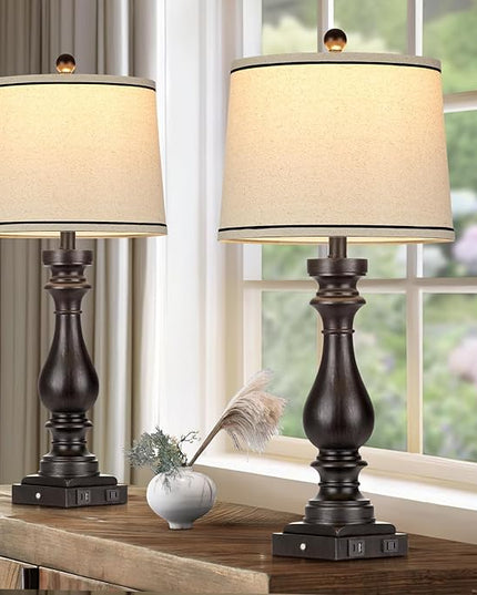 29" Tall Table Lamp for living room set of 2,Farmhouse Vintage Bedside Nightstand Lamps with USB C+A Ports & AC Outlet,3-Way Dimmable Touch Control Retro Black Lamp for Bedroom,color 5 - LeafyLoom