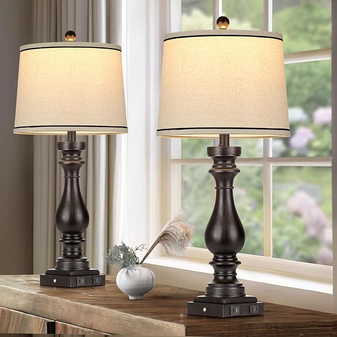 29" Tall Table Lamp for living room set of 2,Farmhouse Vintage Bedside Nightstand Lamps with USB C+A Ports & AC Outlet,3-Way Dimmable Touch Control Retro Black Lamp for Bedroom,color 5 - LeafyLoom