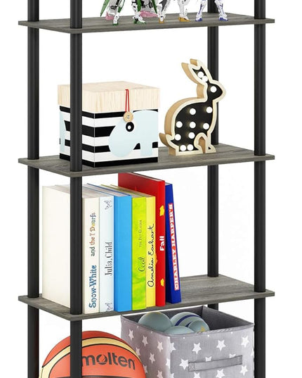 Furinno Turn-N-Tube 5-Tier Multipurpose Shelf / Display Rack / Storage Shelf / Bookshelf, Round Tubes, French Oak Grey/Black - LeafyLoom