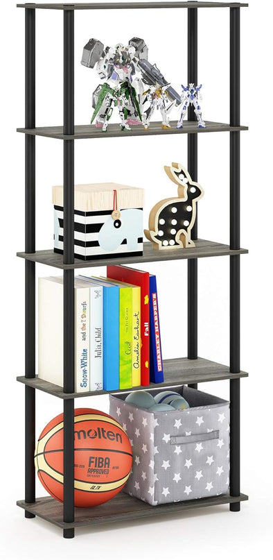 Furinno Turn-N-Tube 5-Tier Multipurpose Shelf / Display Rack / Storage Shelf / Bookshelf, Round Tubes, French Oak Grey/Black - LeafyLoom