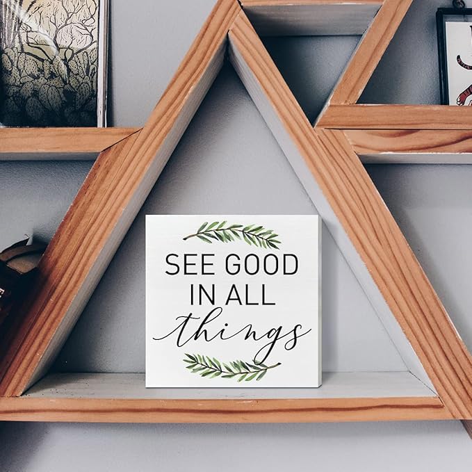 Home Office Desk Wooden Box Sign Decor, See Good in All Things, Inspirational Quotes Desk Decor Motivational Desk Decorations for Women Men Student Office Classroom School - LeafyLoom