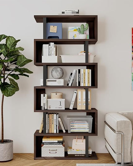 Bookshelf geometric bookcase S Shaped industrial bookshelf Storage Display Stand Shelf for Living Room Bedroom and office Room (Black, 6 Tier) - LeafyLoom