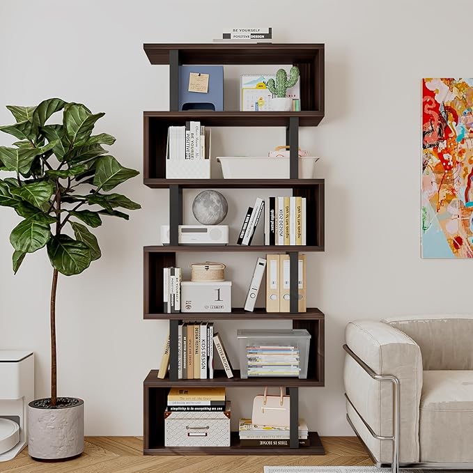 Bookshelf geometric bookcase S Shaped industrial bookshelf Storage Display Stand Shelf for Living Room Bedroom and office Room (Black, 6 Tier) - LeafyLoom