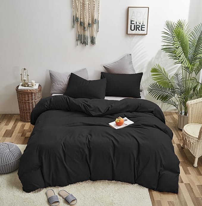 Black Comforter Queen Black Bedding Set Pure Black Queen Comforter Soft Durable Comforter Set Women 3 Pieces Breathable Lightweight Comforter Set - LeafyLoom