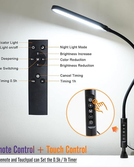 Clamp on Lamp, LED Clamp Desk Lamp, 3000 LMS, 18W, CRI>95, 3 Color Modes, 16 Brightness Levels, Eye-Caring Task Lamp with Remote for Reading, Office, 0.5H/1H Timer (Adapter Included) - LeafyLoom