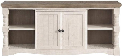 Signature Design by Ashley Havalance Farmhouse TV Stand Fits TVs up to 65", 2 Door Cabinet and Shelves For Storage, Vintage White & Weathered Gray - LeafyLoom