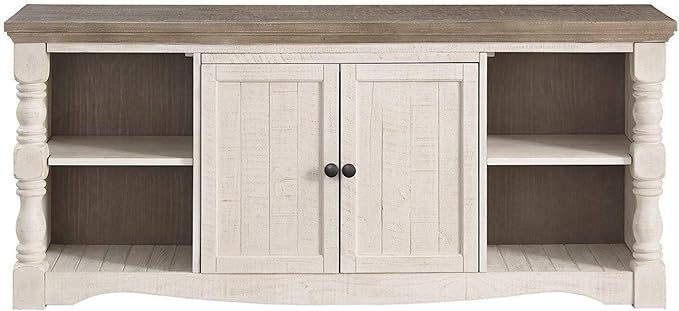 Signature Design by Ashley Havalance Farmhouse TV Stand Fits TVs up to 65", 2 Door Cabinet and Shelves For Storage, Vintage White & Weathered Gray - LeafyLoom