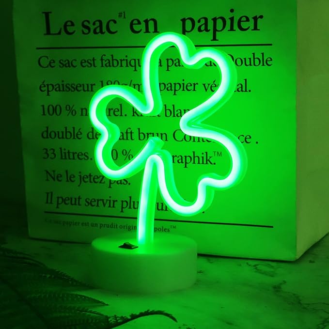 Neon Signs Shamrocks Shaped St. Patrick's Day decorations, Green LED Clover Neon Lights for Bedroom Decor Battery/USB Operated Night Lights for Home Tabletop Lamp - LeafyLoom