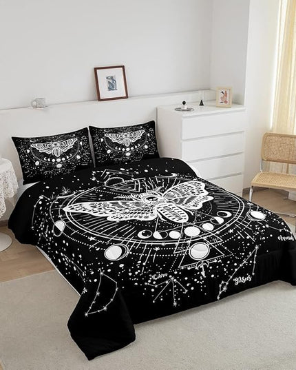 Kids Boho Moth Comforter Set King Boys Gothic Skull Bedding Set for Men Women Bedroom Decor Bohemian Moon Starry Sky Comforter Exotic Moth Skull Skeleton Bones Duvet Set Teens Quilt Set, Black White - LeafyLoom