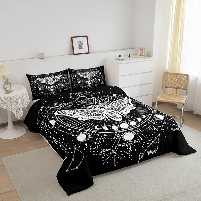 Kids Boho Moth Comforter Set King Boys Gothic Skull Bedding Set for Men Women Bedroom Decor Bohemian Moon Starry Sky Comforter Exotic Moth Skull Skeleton Bones Duvet Set Teens Quilt Set, Black White - LeafyLoom