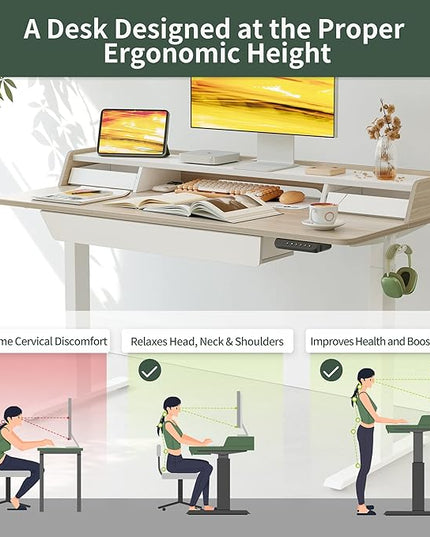 FEZIBO Standing Desk with Drawers, 48 x 25 Inch Adjustable Height Stand Up Desk with Storage Shelf, Home Office Desk with Monitor Stand, Light Walnut - LeafyLoom