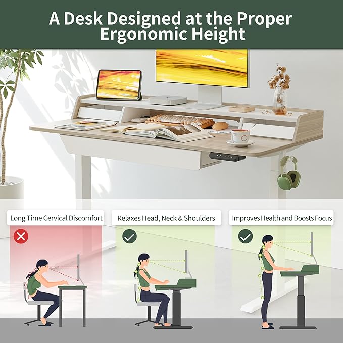 FEZIBO Standing Desk with Drawers, 48 x 25 Inch Adjustable Height Stand Up Desk with Storage Shelf, Home Office Desk with Monitor Stand, Light Walnut - LeafyLoom