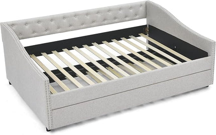Full Size Upholstered Daybed with Twin Size Trundle, Tufted Full Day Bed w/Button Back and Waved Shape Copper Nail Arms, No Spring Box Needed, Easy Assemble, for Living Room - LeafyLoom