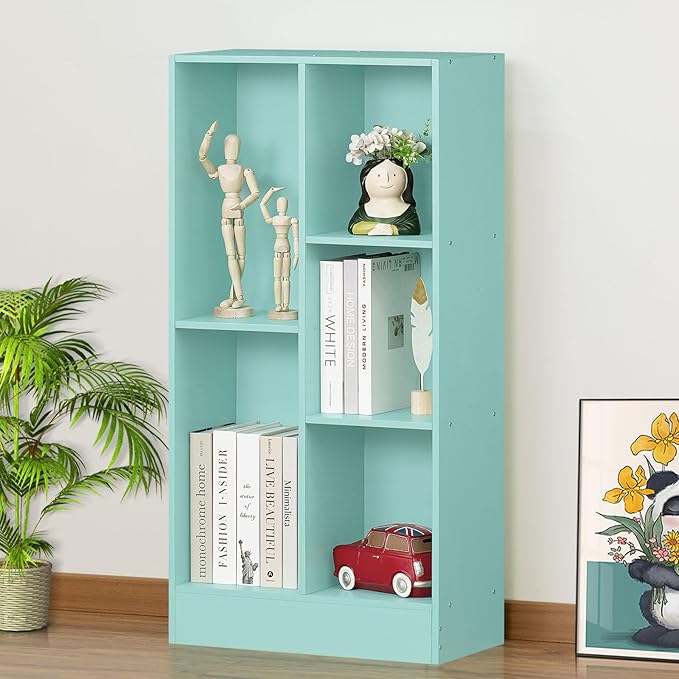 LEYAOYAO 5 Cube Bookshelf with Base,3 Tier Modern Mint-Green Kids Bookcase,Standing Wide Bookshelves Storage Organizer Toy Shelf,Wood Display Children's Book Shelves for Bedroom,Living Room,Nursery - LeafyLoom
