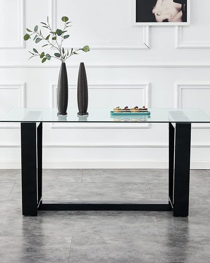 NicBex Glass Dining Table Large Modern Minimalist Rectangular for 6-8 with 0.4" Tempered Glass Tabletop and Black MDF Trapezoid Bracket,for Kitchen Dining Living Meeting Room Banquet Hall, Black - LeafyLoom