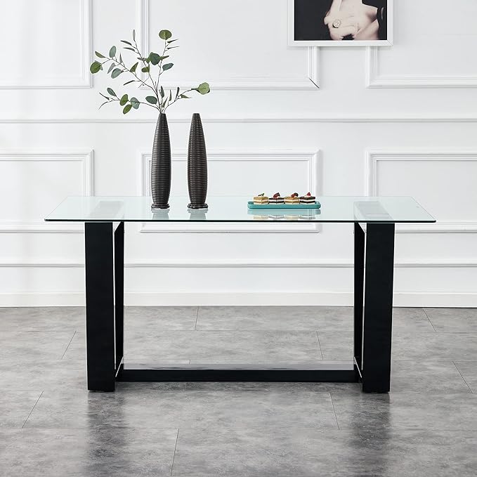 NicBex Glass Dining Table Large Modern Minimalist Rectangular for 6-8 with 0.4" Tempered Glass Tabletop and Black MDF Trapezoid Bracket,for Kitchen Dining Living Meeting Room Banquet Hall, Black - LeafyLoom