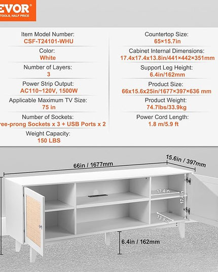 VEVOR Rattan TV Stand for 75in TV, Boho TV Stand with Rattan Door, Entertainment Center with Build-in Socket, Storage Cabinet with 2 Shelves, Modern TV Console for Living Room, Media Room, White - LeafyLoom