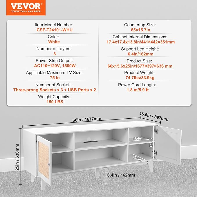 VEVOR Rattan TV Stand for 75in TV, Boho TV Stand with Rattan Door, Entertainment Center with Build-in Socket, Storage Cabinet with 2 Shelves, Modern TV Console for Living Room, Media Room, White - LeafyLoom